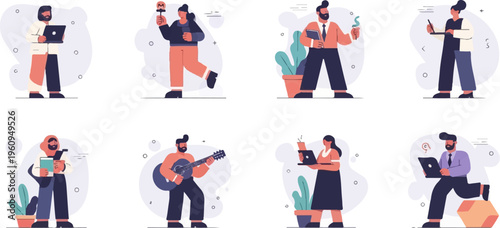 Diverse people engage in various activities like working and playing music