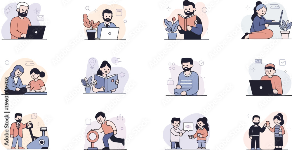 Fototapeta premium Diverse people engaged in various daily activities, including work and leisure