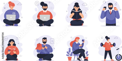 Diverse people engaged in various leisure activities and work, utilizing technology