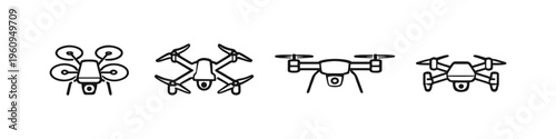 Collection of four distinct drone icons with cameras, presented in a clean line art style