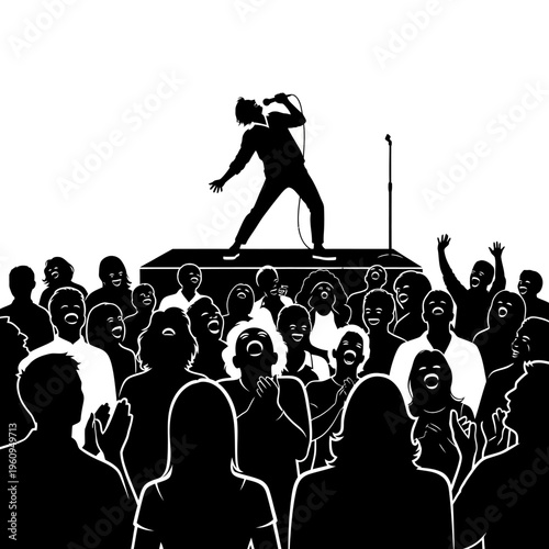 Man performing on stage to crowd.