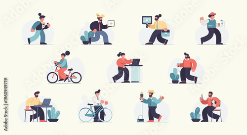 Diverse people engaged in various modern activities and professions, digitally rendered