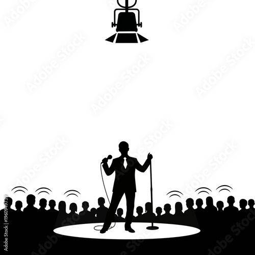 Man Performing on Stage with Microphone.