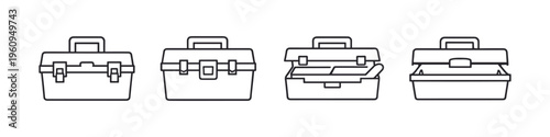 Collection of simple line art icons representing toolboxes in various states of openness