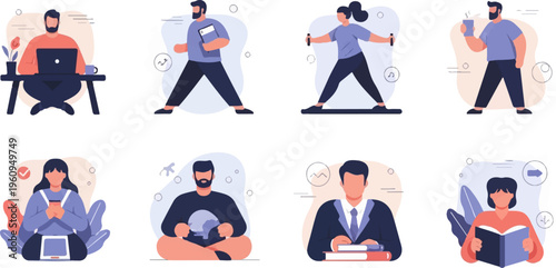 Diverse people engaged in work, fitness, relaxation, and learning activities