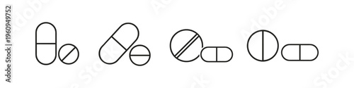 Collection of simple line icons representing various pills and capsules