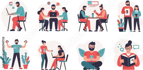 Diverse people engaged in work, fitness, and leisure activities