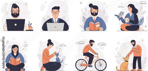 Diverse people engaged in various activities like working, reading, and enjoying pets