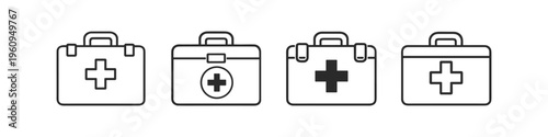Collection of four first aid kit icons with medical cross symbols