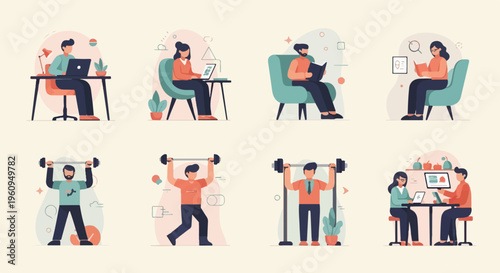 Diverse people engaged in work, study, and fitness activities