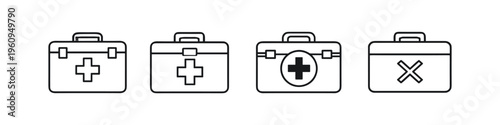 Collection of medical first aid kit icons with cross and X symbols