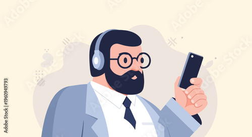 Bearded man with glasses and headphones holding smartphone, abstract background