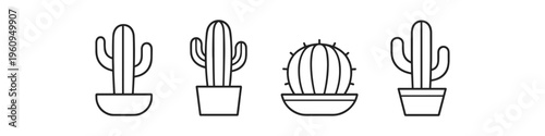 Collection of simple line art icons representing various potted cactus plants