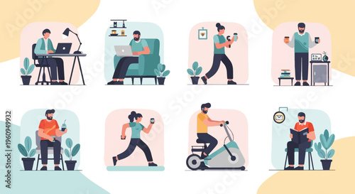 Diverse people engaged in work, exercise, and leisure activities at home