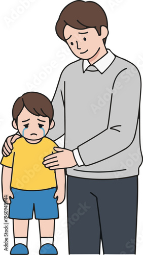 A cartoon illustration of a man comforting a sad little boy