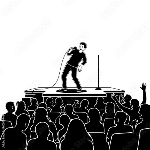 Man singing on stage with microphone.