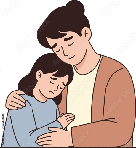 A man comforting a young girl with a gentle hug