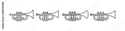 Set of four simple line art trumpets arranged horizontally on a white background