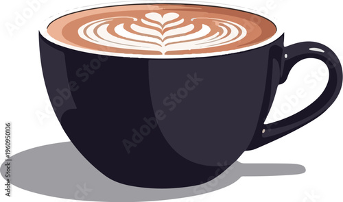 A dark blue coffee cup with a latte art design on top