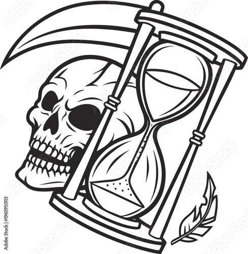 Skull, hourglass, scythe vector icon, death symbol, grim reaper, monochrome illustration
