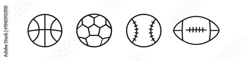 Collection of four distinct sports balls in a simple line art style