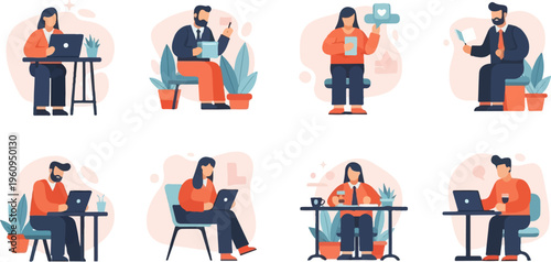 Diverse people working on laptops, reading, and using phones indoors