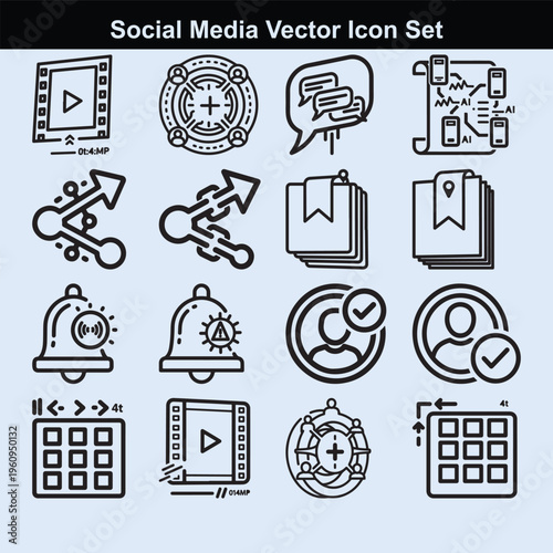 Social media vector icon set with video playback and group collaboration symbols in black.