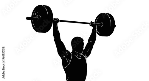 Man lifting a barbell over his head in a gym setting