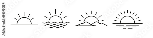 Collection of simple line art icons depicting sunrise over different landscapes