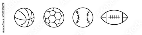 Collection of four distinct sport balls in a simple line art style