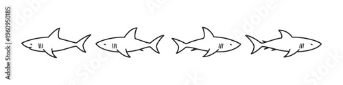 Four simple line art sharks swimming in a row on a white background