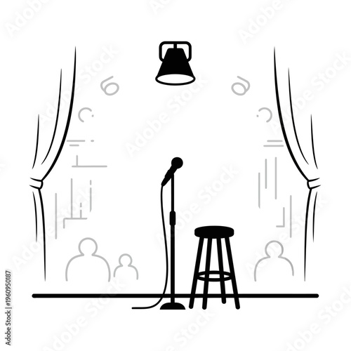 Microphone on stand with stool.