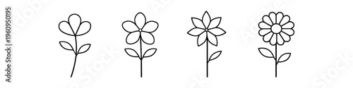 Collection of simple line art flowers with varying petal counts and leaf arrangements