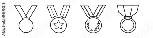 Collection of four distinct medal icons with ribbons, representing achievement and victory