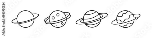 Set of four simple line art planets with rings and celestial bodies