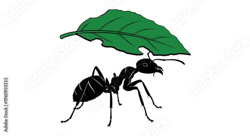 Black ant carrying large green leaf on its back