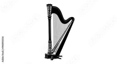 A black and white illustration of a harp with ornate details
