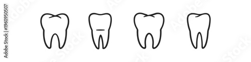 Simple line art icons representing different stages of tooth health and decay