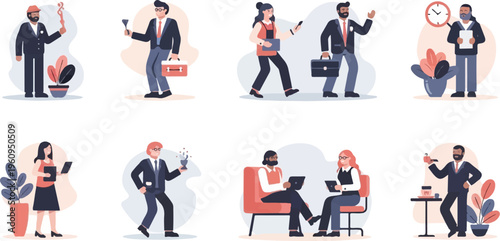 Diverse professionals engaged in various work-related activities and casual interactions