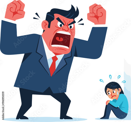 A cartoon illustration of an angry businessman yelling at a scared woman