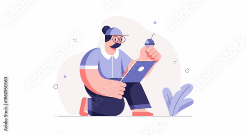 Cartoon figure in blue, pink, and purple kneeling with laptop and drink