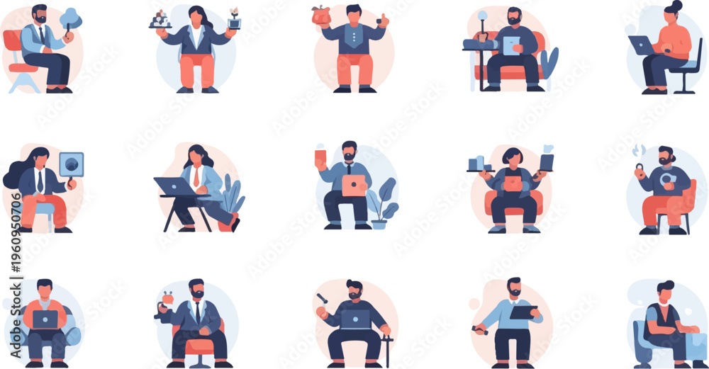 Fototapeta premium Diverse professionals engaged in various work-related activities with digital devices and objects