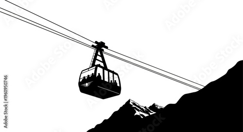 Silhouette of a cable car or gondola lift with people traveling over a mountain range