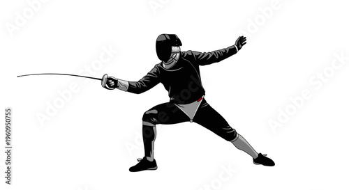 Fencer in protective gear with sword in hand in fighting stance