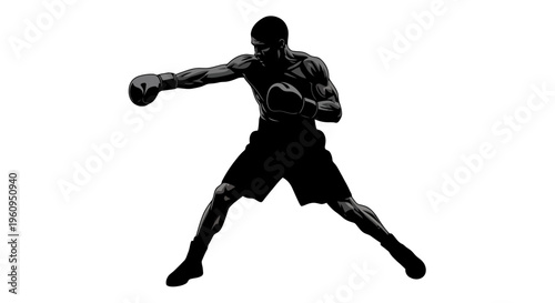 A black silhouette of a male boxer in a fighting stance with boxing gloves