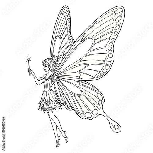 Black and White Coloring Page Illustration of a Fairy with Butterfly Wings