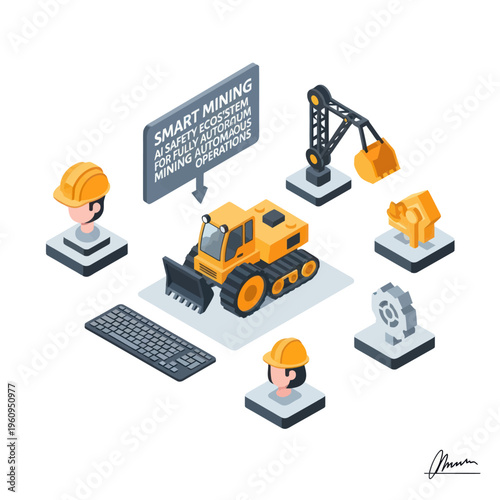Isometric illustration of a smart mining ecosystem featuring autonomous vehicles, AI, safety systems, and operational technology.