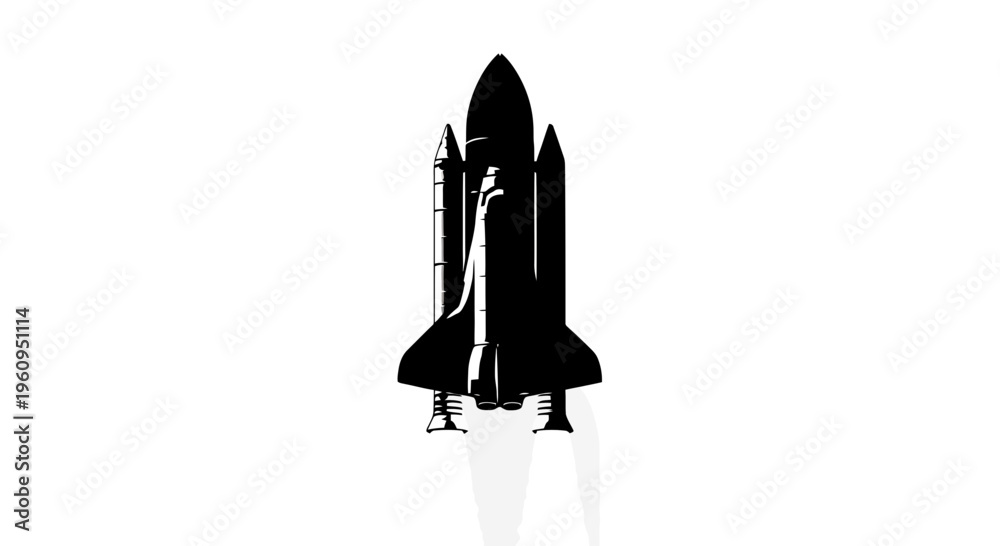 Fototapeta premium Black silhouette of a rocket ship with multiple boosters