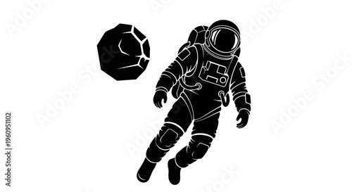 Astronaut Floating in Space with Asteroid Silhouette