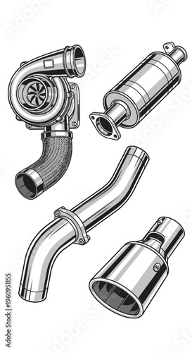 Automotive Exhaust System and Turbocharger Parts Illustration